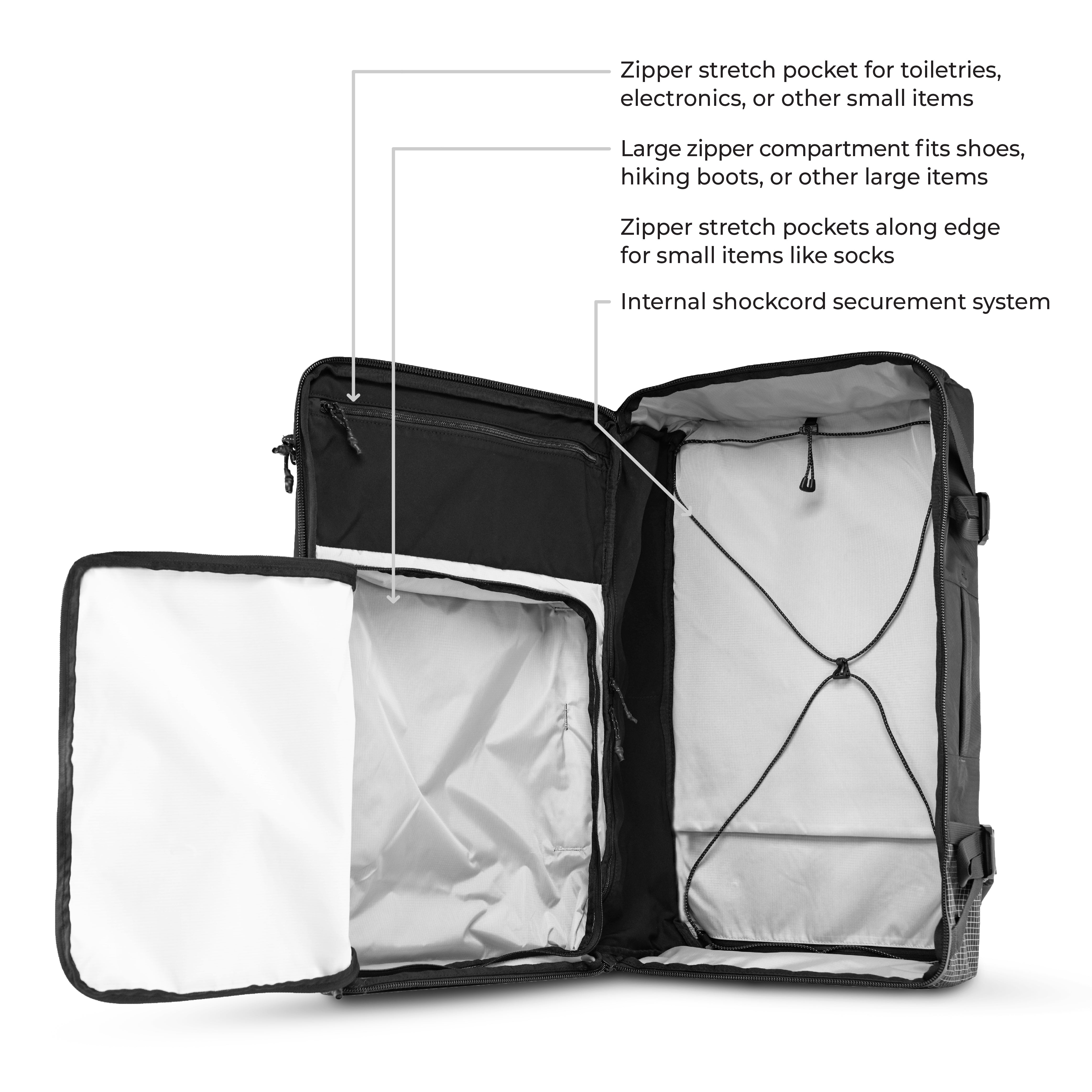 Open GlobeRider45 on white background with text: Zipper stretch pocket for toiletries,electronics, or other small items, Large zipper compartment fits shoes,hiking boots, or other large items, Zipper stretch pockets along edge for small items like socks, Internal shockcord securement system