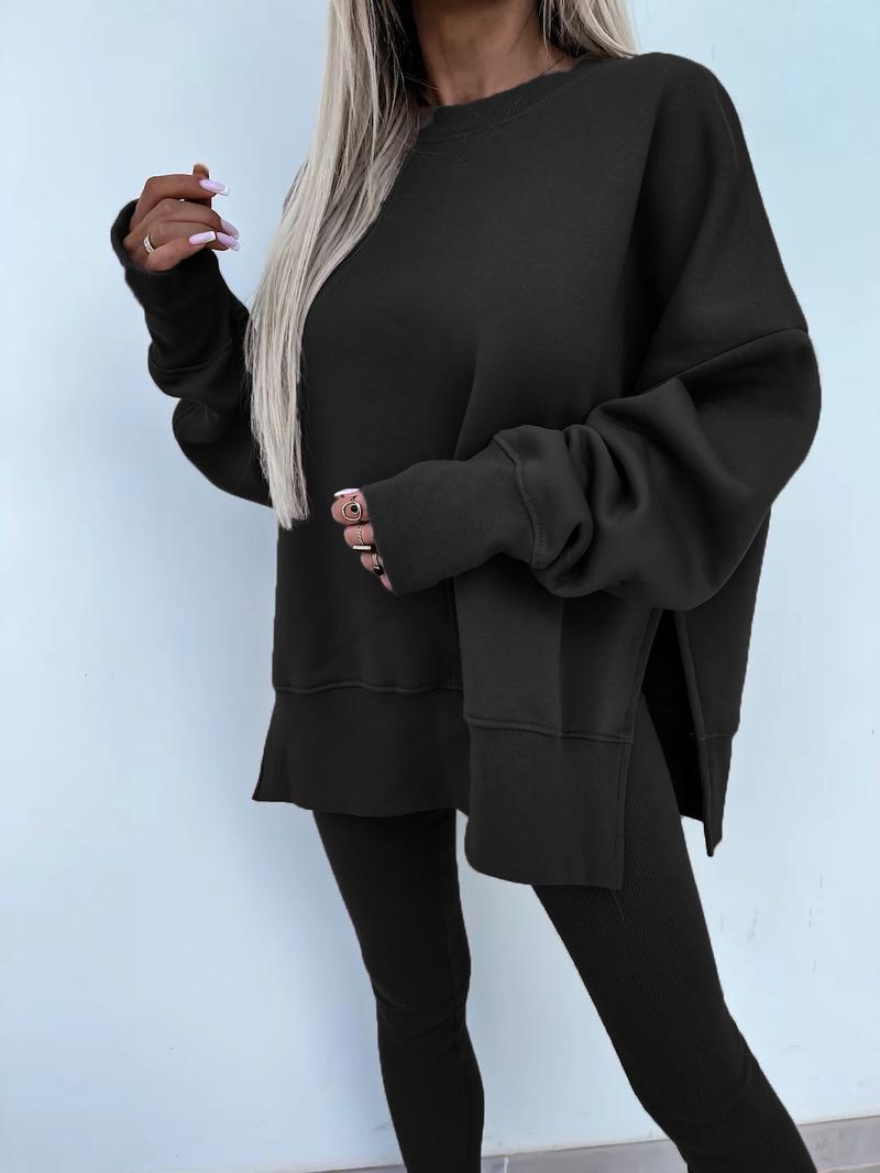 Oversize Two-Piece Set Women's  Split Hem Sweatshirt & Skinny Pants, Casual Fashion Cozy Round Neck Long Sleeve Pullover Women's Clothing for Fall & Basic Winter  Suits Womenswear Gamis