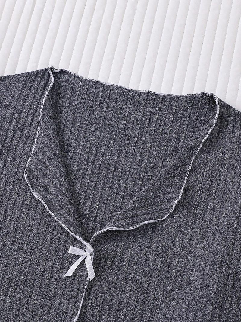 Women's Long Sleeve Top & Pants Pajama Set, Casual Comfy Bow Top & Trousers Pajama Set, Ladies Sleepwear for All Seasons