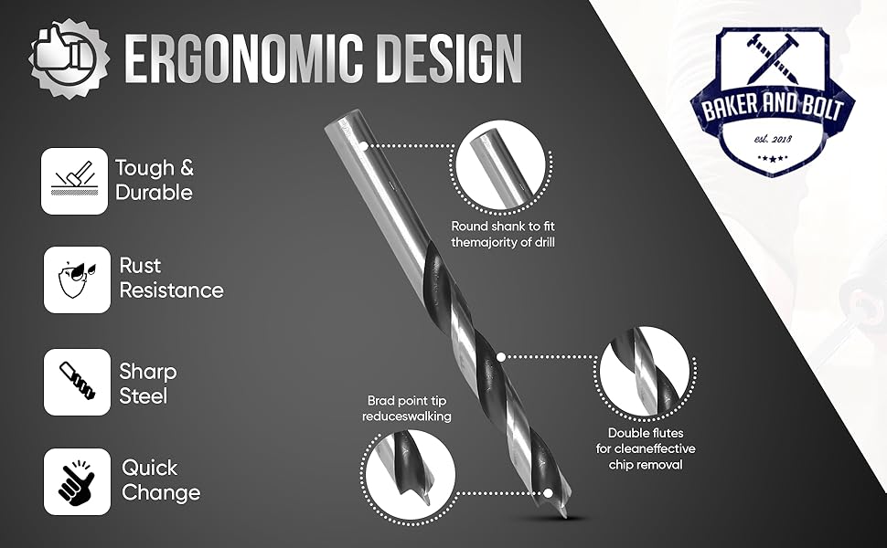 brad point drill bit set includes1/8", 11/64", 3/16", 1/4", 3/8", 5/32", 3/16", 7/32", 5/16", 1/2"