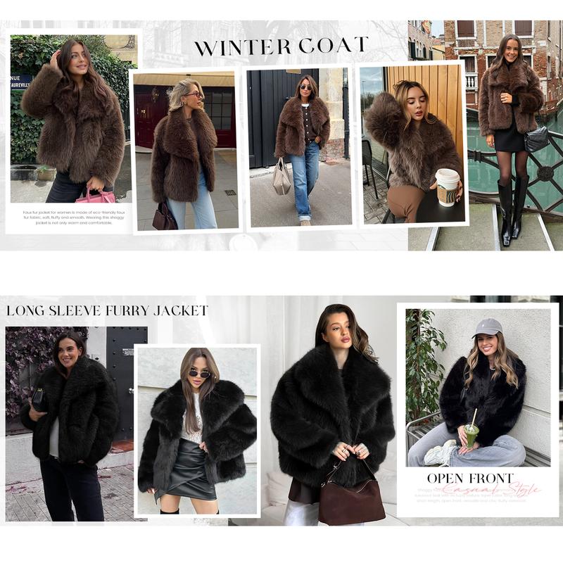 Buenoble Women's Brown Faux Fur Coat Winter Fluffy Short Jacket Warm Fuzzy Oversized Outwear Top Shaggy Collar Full Lining Short Jacket with Side Pockets