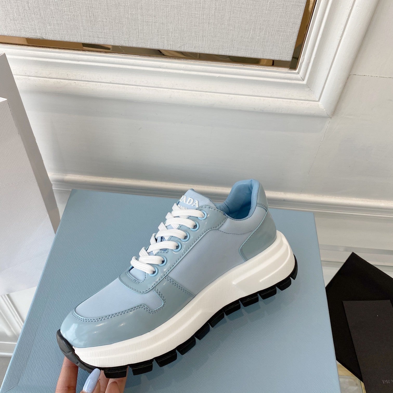 PRADA 25S THICK SOLE SNEAKER IN LIGHT BLUE CALFSKIN AND CANVAS、mysite、Cacoeks