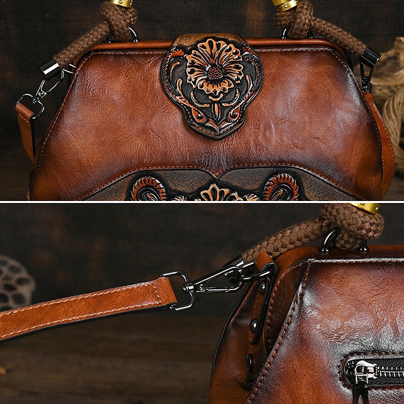 Women's Handbag Crossbody Bag Shoulder Bag Boston Bag PU Leather Party Daily Holiday Embossed Large Capacity Lightweight Durable Color Block Flower Folk dark brown claret ArmyGreen 2023 - US $107.71 –P6