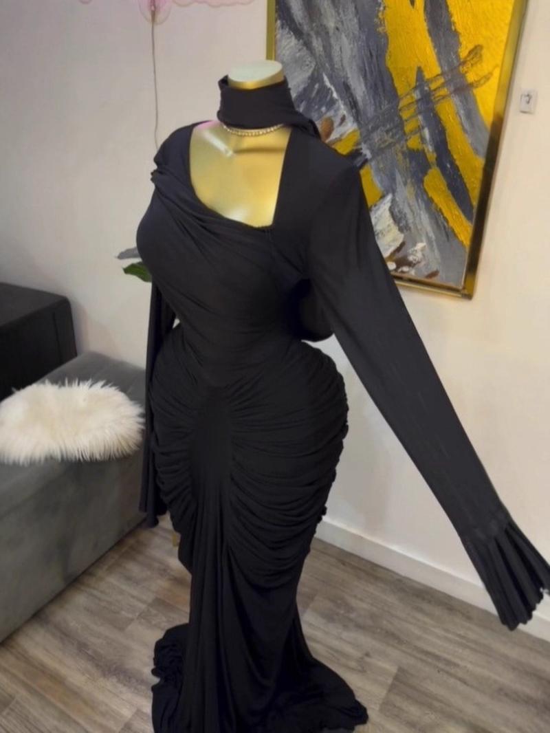 PULKRITU Women's Asymmetrical Neckline Flared Long Sleeve Ruffled Stacked Dress, Autumn Birthday Party Sexy Evening Gown with Scarf Bodycon Midi Ruched Side Maxi Dresses, Trendy Education Holiday Long Dresses, Fashion Streetwear Clothing, Floor Length Dre