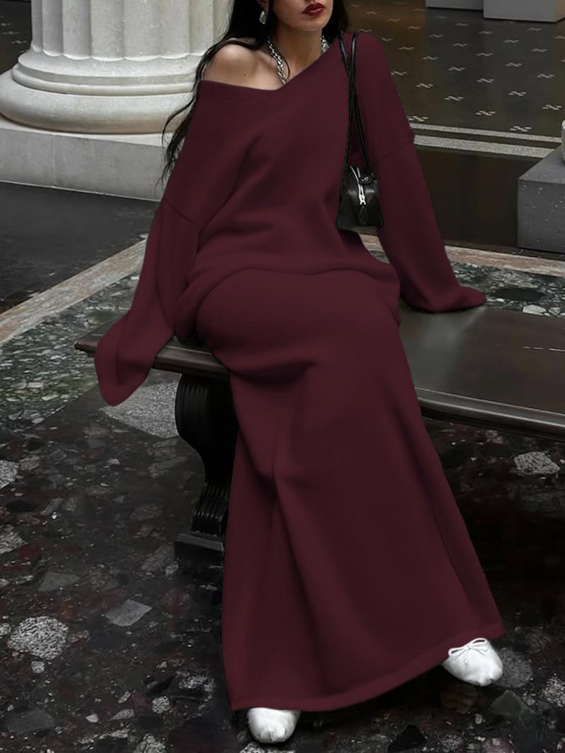 Autumn Winter Casual Loose-Fit Long Sweater Dress Set, Long Sleeve Dresses, Two-Piece Knitwear, Comfortable & Stylish Women's Clothing