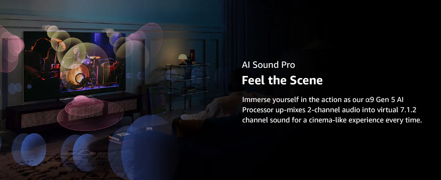 For Cinema experience α9 Gen 5 AI Processor up-mixes 2-channel audio into virtual 7.1.2 channel 
