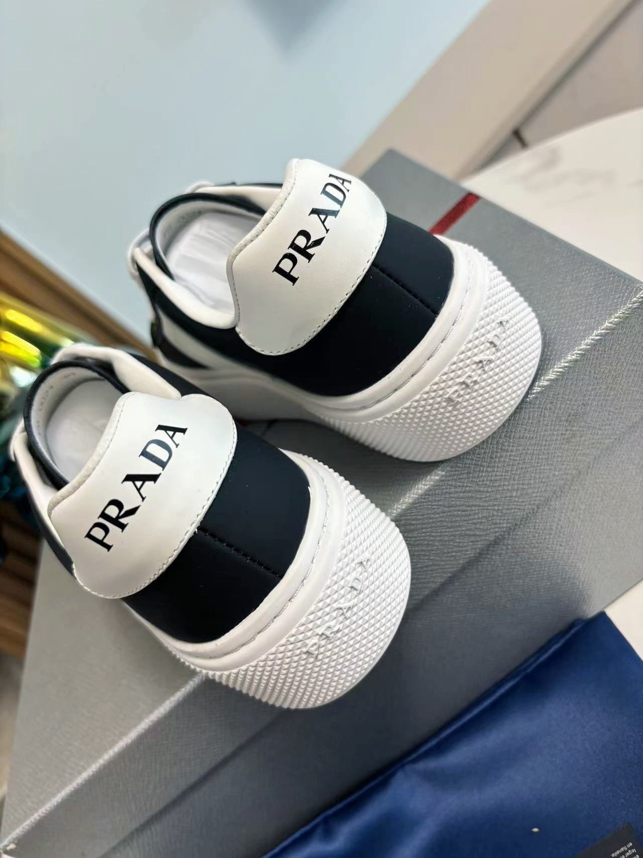 PRADA 25S LEATHER LOGO OUTLET SNEAKERS BLUISH BLACK CALFSKIN、mysite、Cacoeks