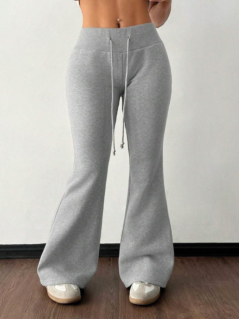 Women's Casual Low Waist Drawstring Elastic Sports Pants, Warm Thermal Lining, Suitable for Autumn Winter, Flare Leg Design, Sports Bottoms