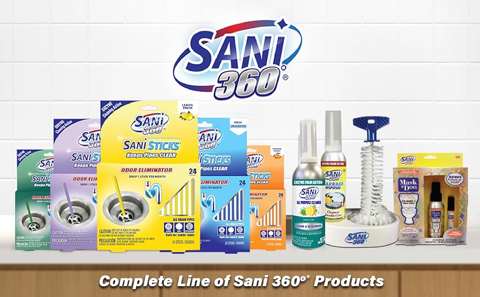 Family of Sani 360 cleaning products on a counter with white tile background. Includes tray & brush.