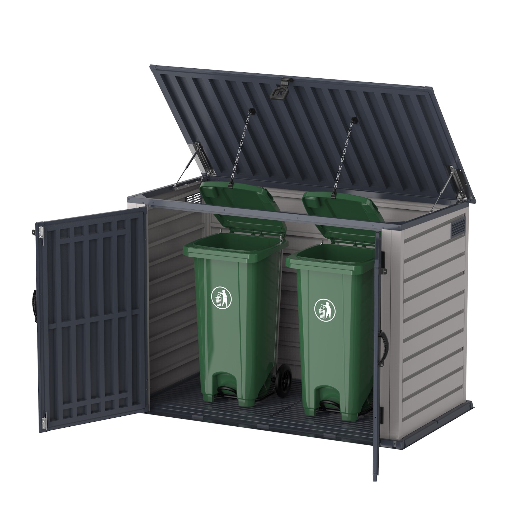 Duramax 2100L MultiStore for trash and recycling bins, featuring a dual-door design and convenient lift-up lid.