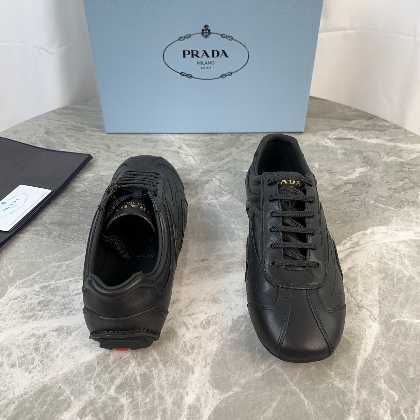 PRADA 25S MONTECARLO ANTIQUED SNEAKERS IN BLACK NAPPA LEATHER、mysite、Cacoeks
