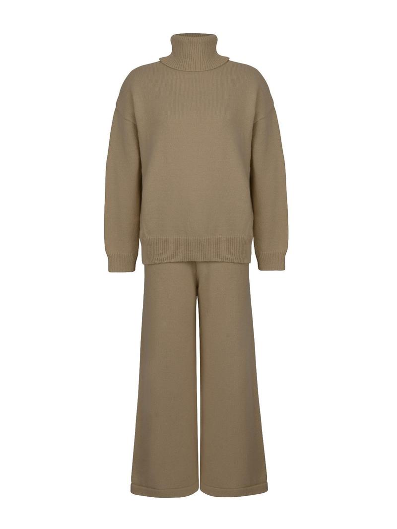 Women's Solid Turtleneck Tops & Wide Leg Pants Set, Casual Fashionable Cozy Long Sleeve Top & Trousers for Daily Casual Occasion Wear, Fall Clothes, 2 Piece Set, Women's Clothing for Fall, Downtown Girl Clothes