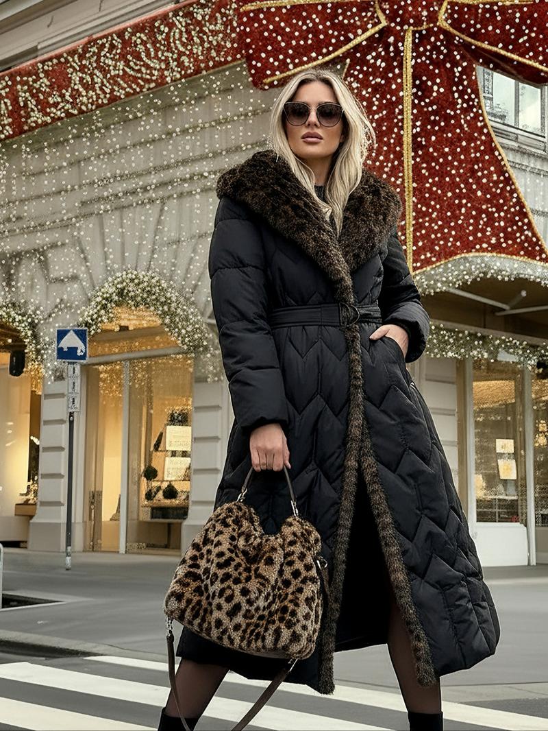Women's Leopard Print Faux Fur Coat, Winter Christmas New Arrival, Long Sleeve Hooded Jacket, Loose Fit Fashion Outerwear