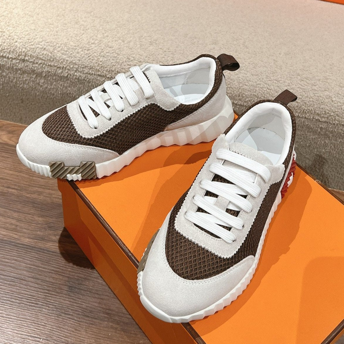 MAINLAND SNEAKER IN PALE GRAY SUEDE AND MOCHA BROWN BREATHABLE MESH FABRIC、mysite、Cacoeks