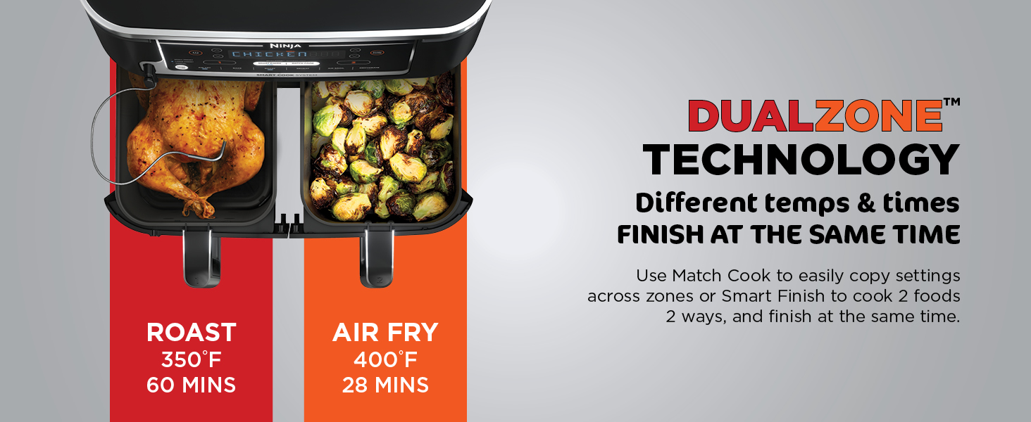 DUALZONE TECHNOLOGY Different temps & times FINISH AT THE SAME TIME. air fry. roast