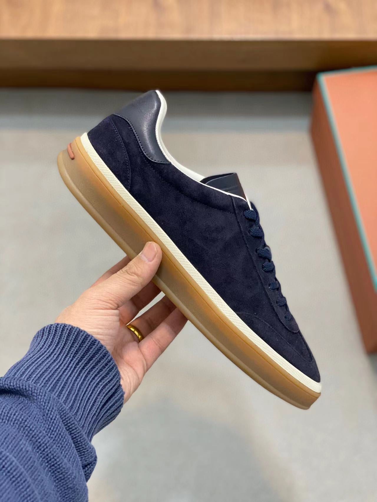Loro Piana Tennis Walk Sneakers Suede Calf Split Navy Blue、mysite、Cacoeks