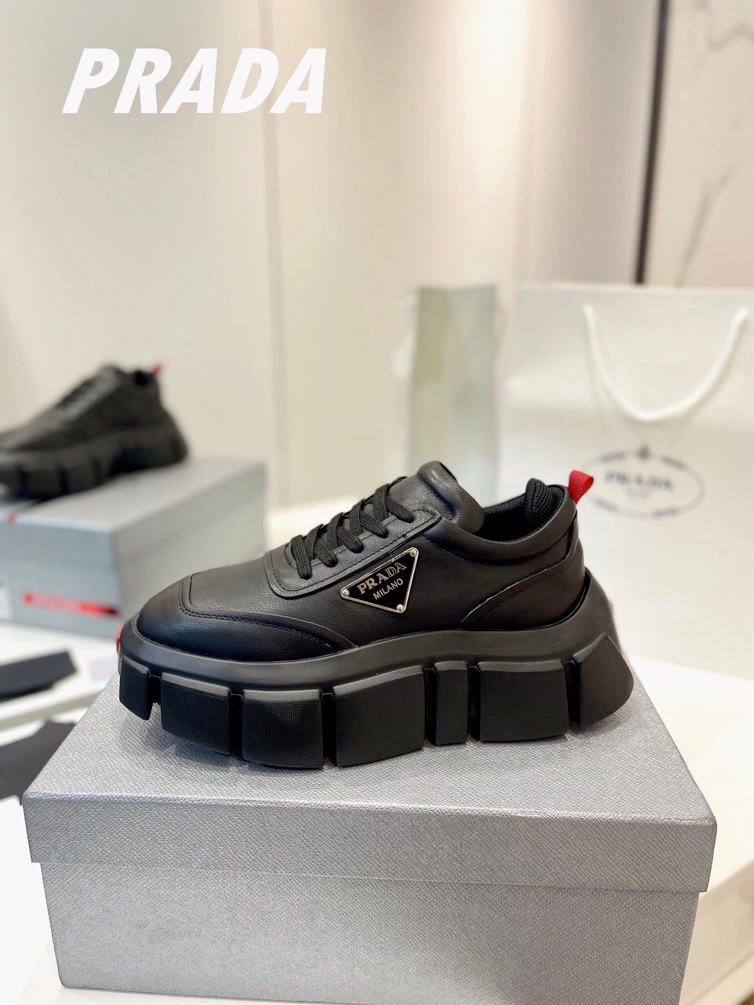 PRA BRUSHED THICK-SOLE SNEAKERS BLACK CALFSKIN、mysite、Cacoeks