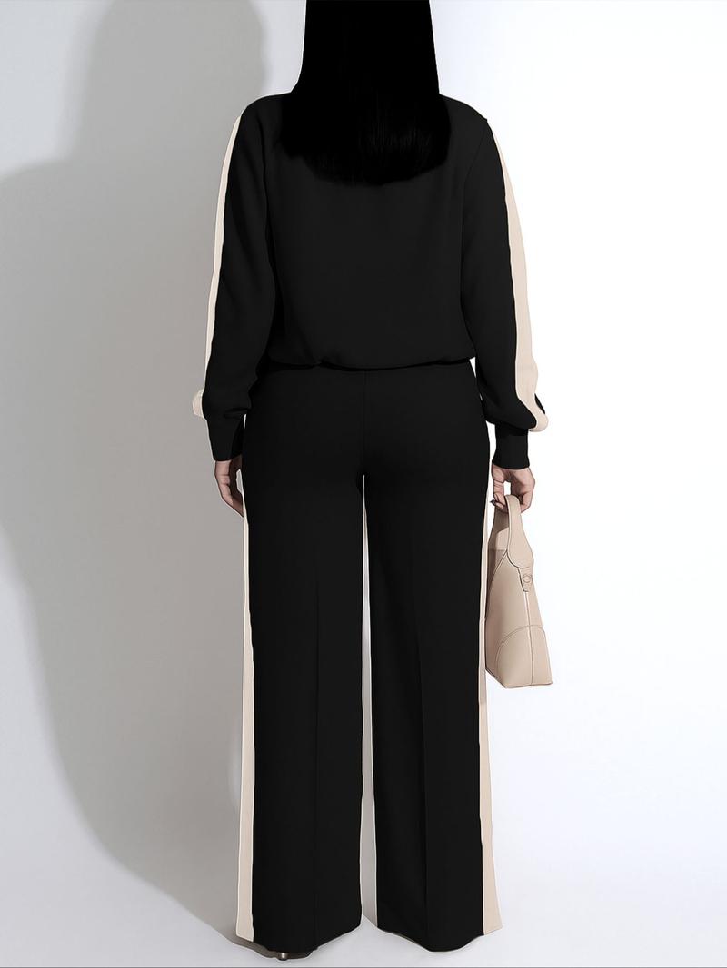 Two-piece Set Women's Patchwork  Top & Wide Leg Pants Set, Casual Long Sleeve  Outerwear & Pants for Daily Wear, Ladies Summer Clothes