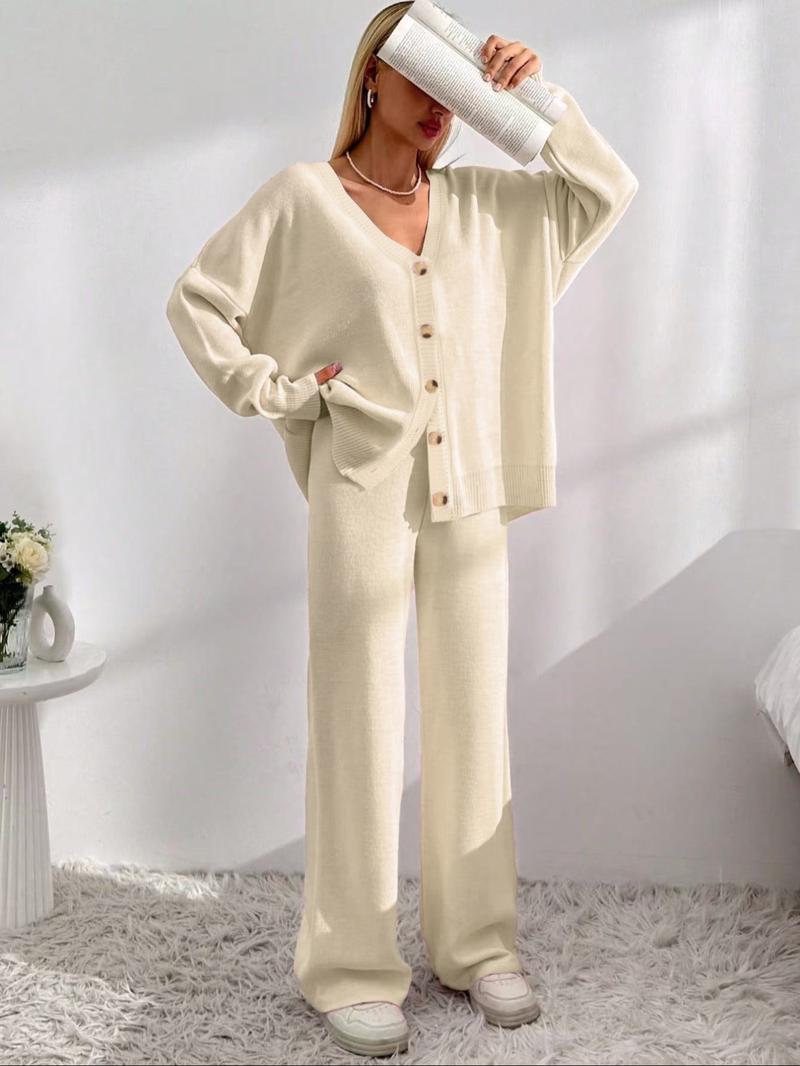 Women's Solid Button Front Drop Shoulder V Neck Cardigan & Elastic Waist Wide Leg Pants Two-piece Set, Casual Fashion Cozy Knitwear Set for Daily Outdoor Wear, Women's Knitwear for Fall & Winter