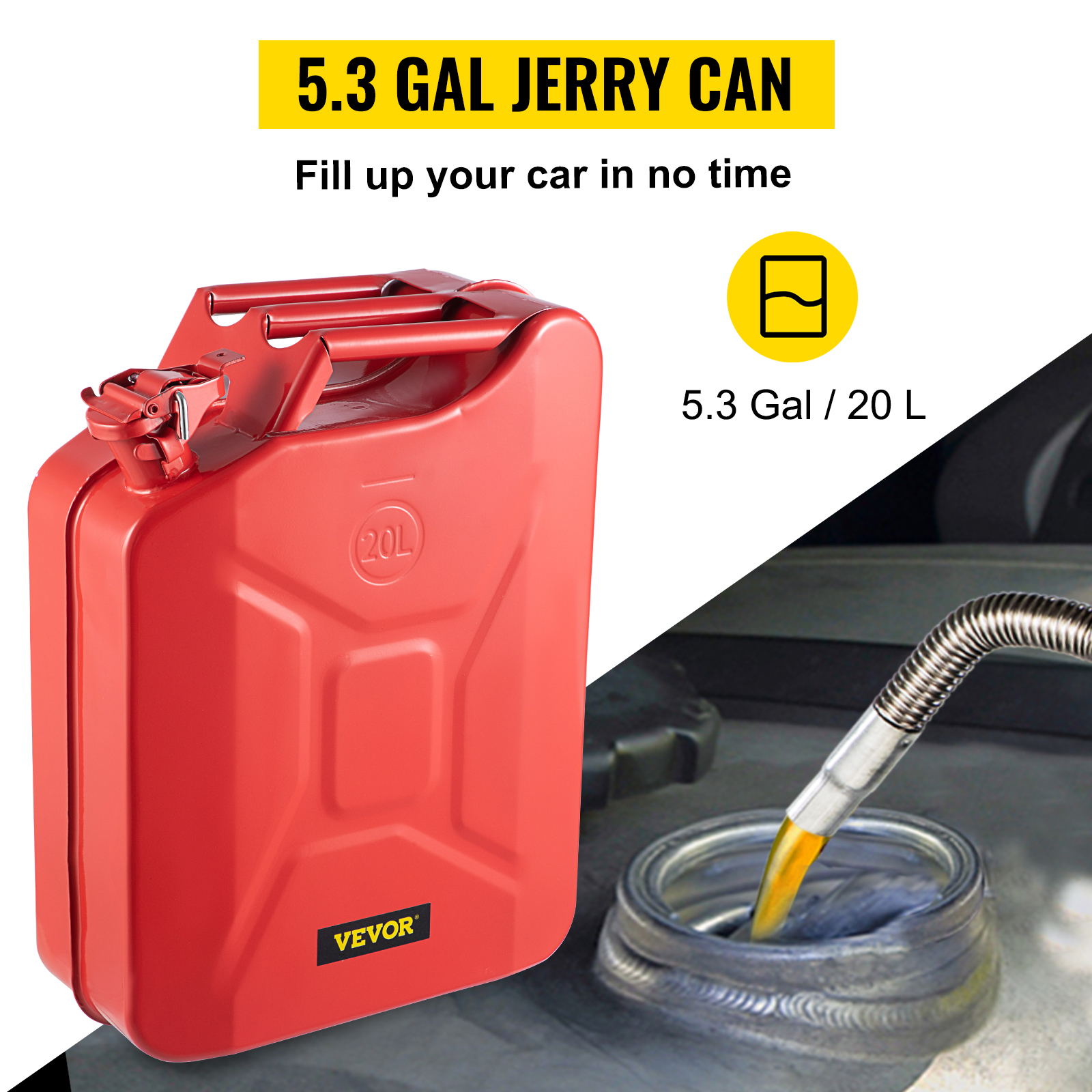 red 5.3 gal VEVOR jerry can, 20l capacity, with fuel filling into a tank.