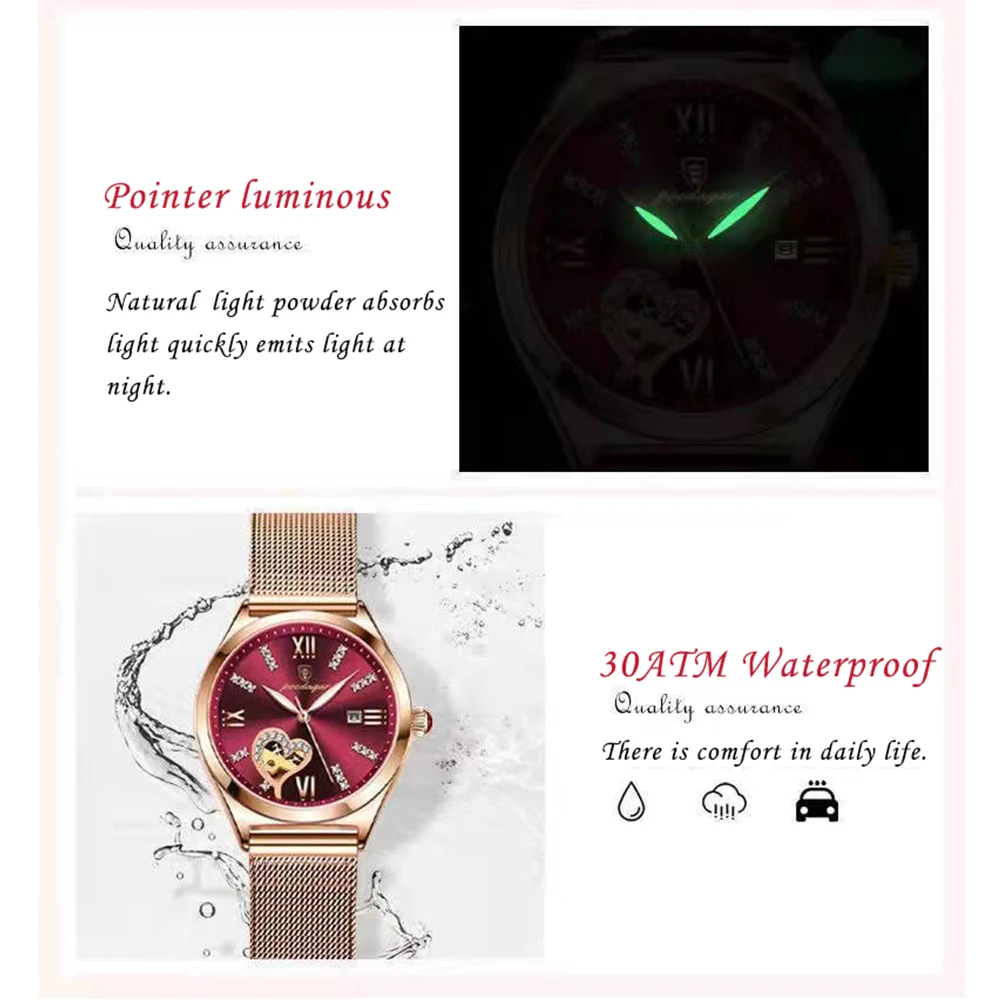 POEDAGAR 2022 Fashion Women Watch Stainless Steel Mesh Rose Gold Luxury Waterproof Luminous Ladies Quartz Watches