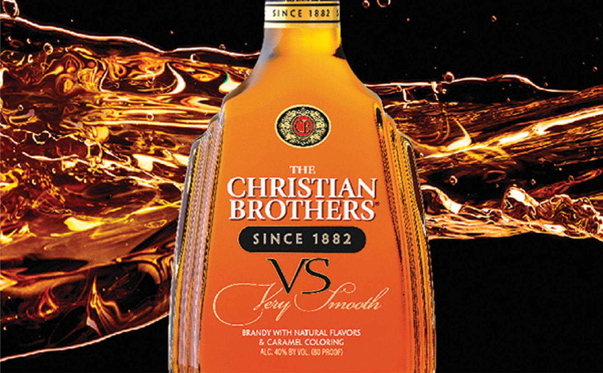 A bottle of Christian Brothers VS Brandy with a stream of brandy under text "Endlessly Smooth"