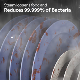 Steam surrounds and looses food off of plates during the high-temperature cycle.