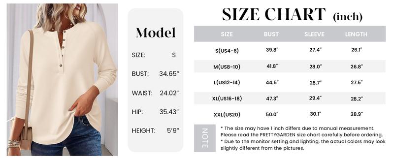 PrettyGarden Women's Button Up Waffle Top Long Sleeve Knit Shirts Fall Casual Henley V Neck Tunic Tops Loose Fit Basic Tees