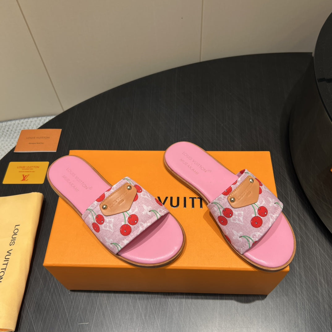 LV SLIDE SANDALS 25S IN PINK DENIM AND CALFSKIN WITH LOGO PRINT、mysite、Cacoeks