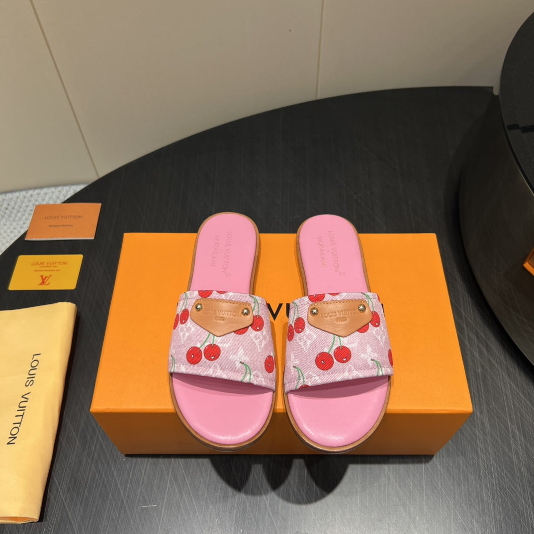 LV SLIDE SANDALS 25S IN PINK DENIM AND CALFSKIN WITH LOGO PRINT、mysite、Cacoeks
