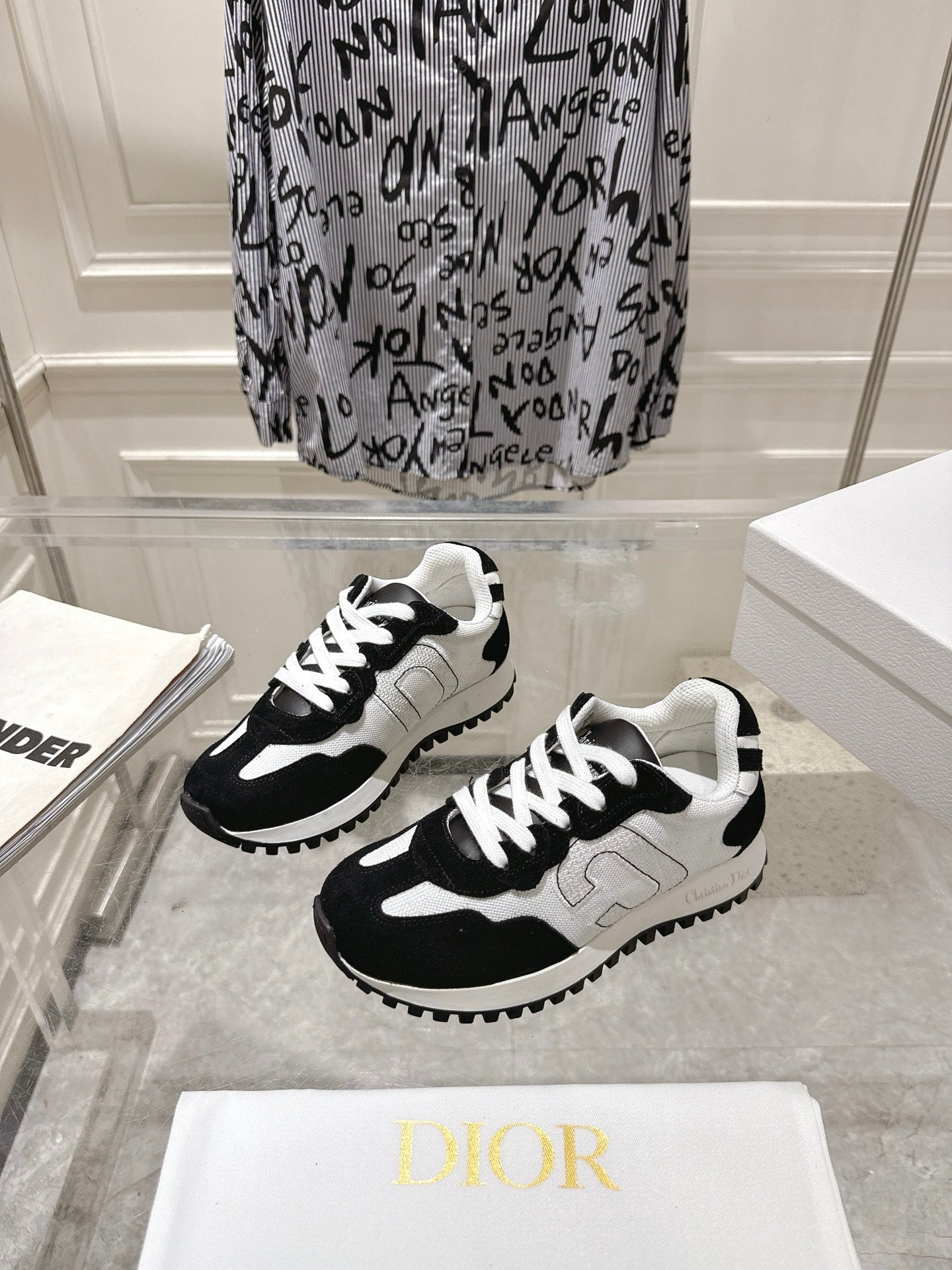DIOR 25S C'EST DIOR SNEAKER IN WHITE BLACK CALFSKIN AND SUEDE、mysite、Cacoeks