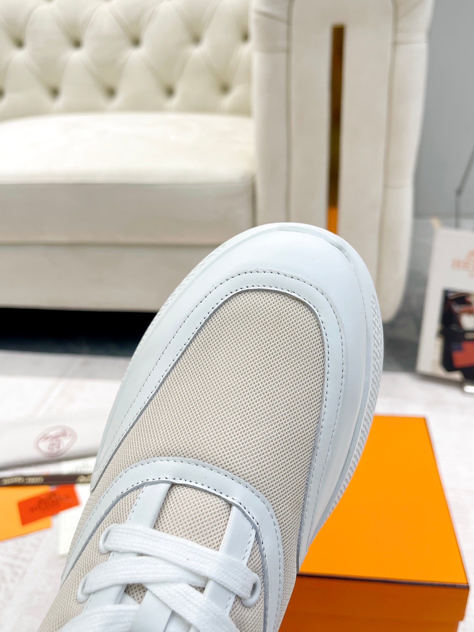 GIGA SNEAKER IN TAN BROWN STITCHED MESH AND WHITE CALFSKIN、mysite、Cacoeks