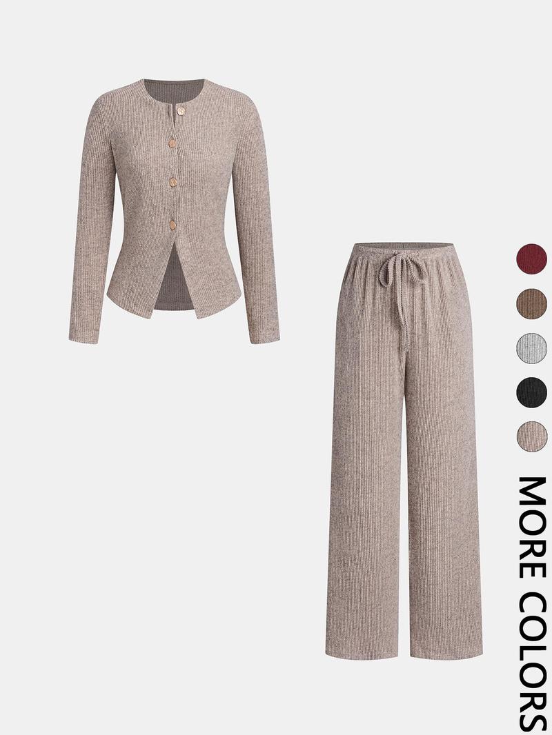 Women's Autumn Winter Set, Knitted Boat Neck Top with Buttons & Ribbed Long Pants, Casual Loose Fit for Ladies