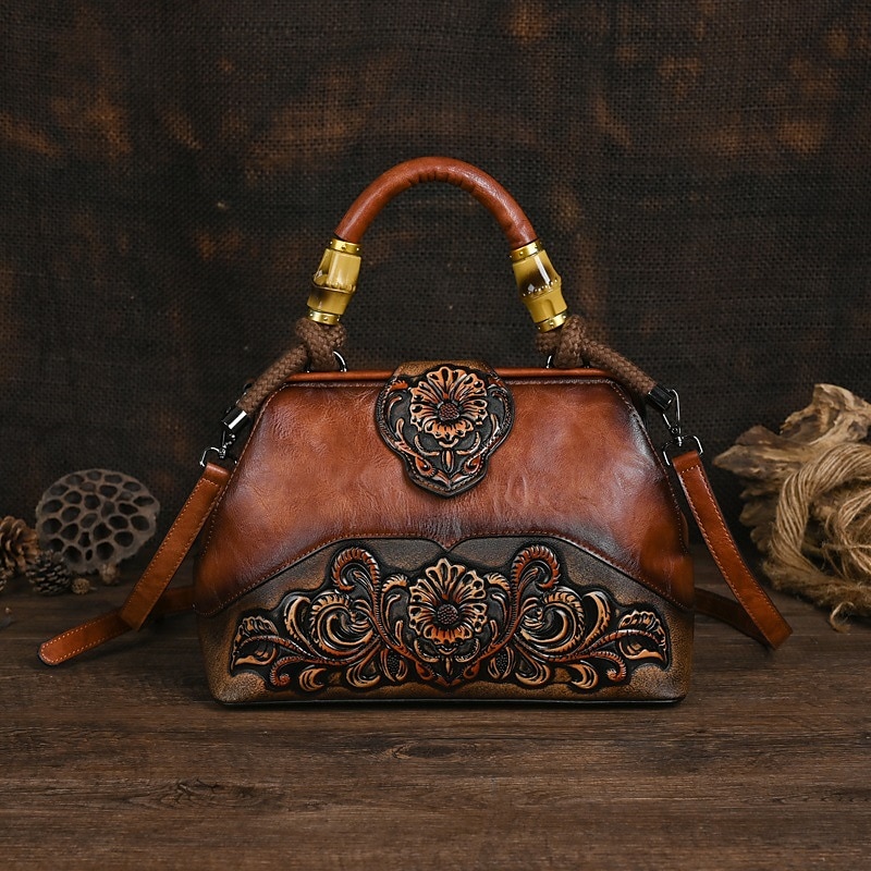 Women's Handbag Crossbody Bag Shoulder Bag Boston Bag PU Leather Party Daily Holiday Embossed Large Capacity Lightweight Durable Color Block Flower Folk dark brown claret ArmyGreen 2023 - US $107.71 –P2