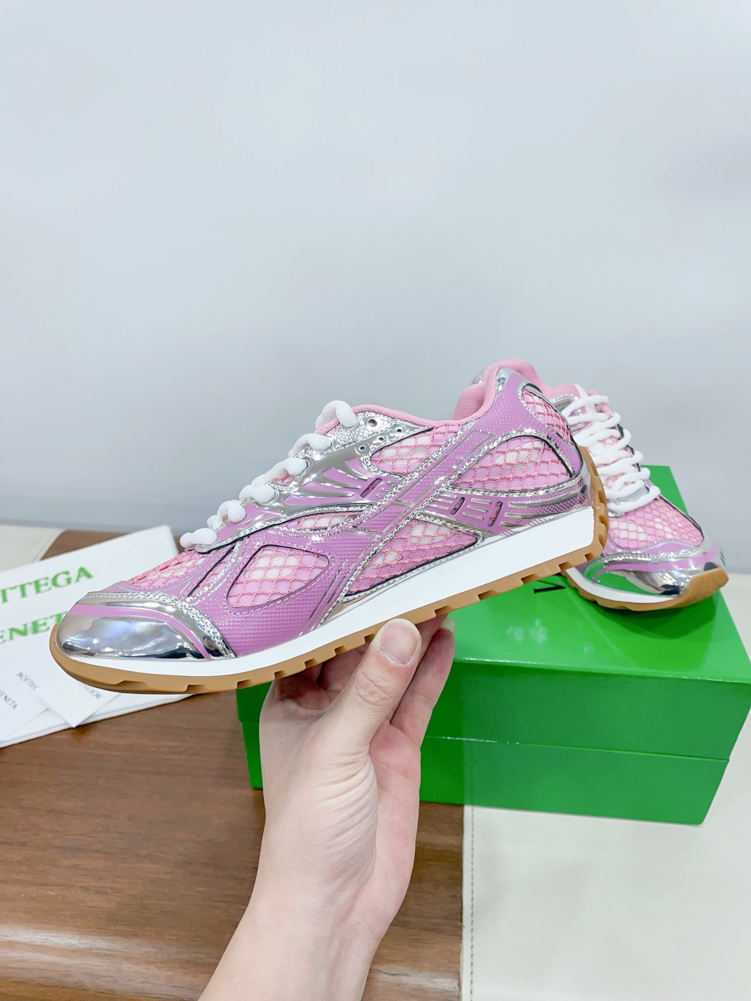 ORBIT SNEAKER IN BLUSH PINK TECHNICAL FABRIC AND METALLIC MESH、mysite、Cacoeks