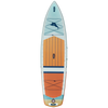 A colorful paddleboard featuring a blue and orange design with a marlin graphic and striped patterns at the bottom.