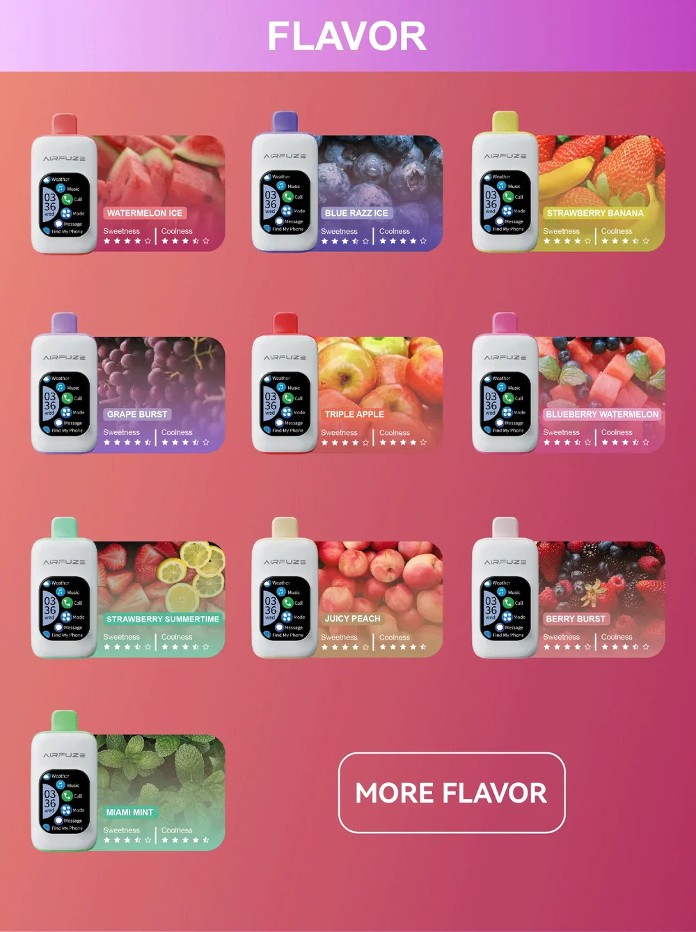 AirFuze Smart 30K Flavour Lineup AirFuze Smart 30K disposable vape flavors including Watermelon Ice and Blue Razz