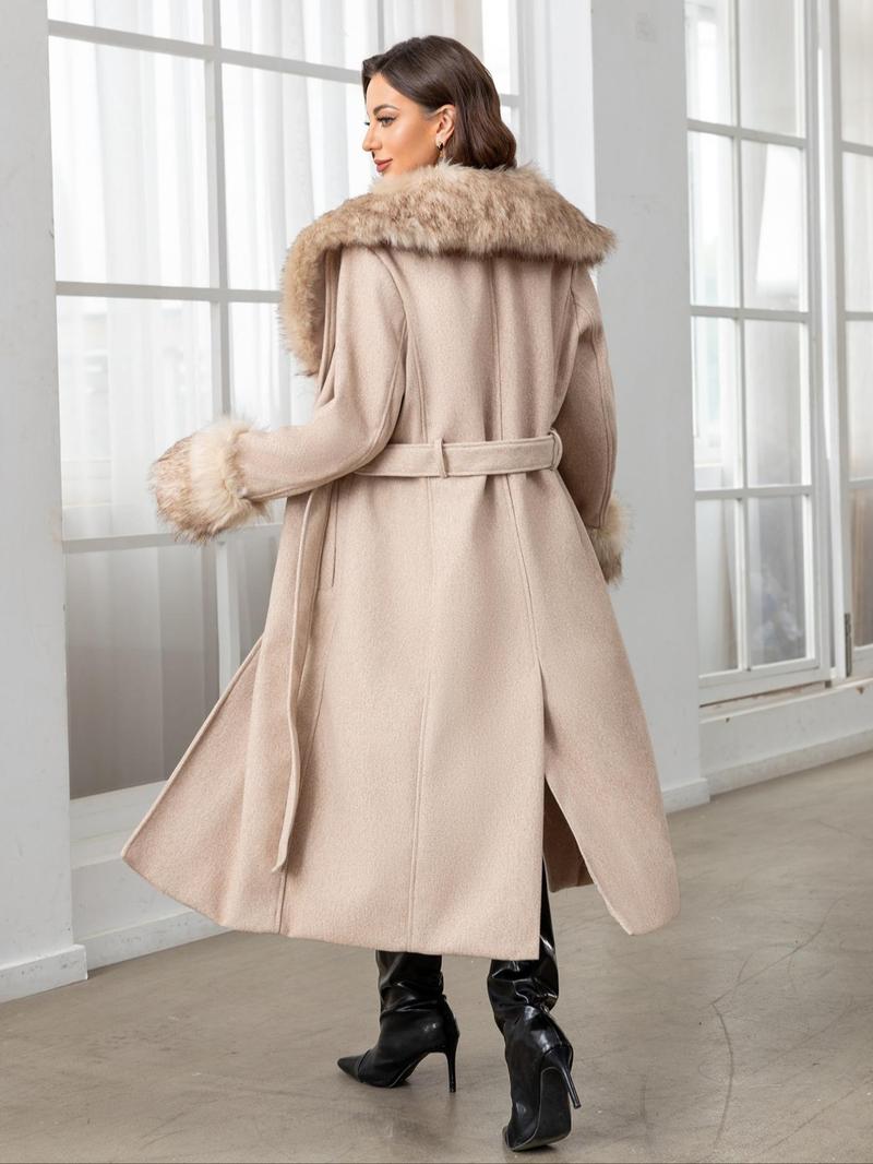 Women's Fall Winter Mid-Length Plain Woolen Coat, Warm Fitted Jacket with Fur Collar, Waist Belt & Pockets, Casual Style