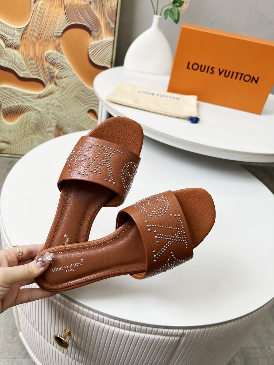 FLAT SLIDE IN BRONZE BROWN LAMBSKIN WITH RHINSTONES、mysite、Cacoeks