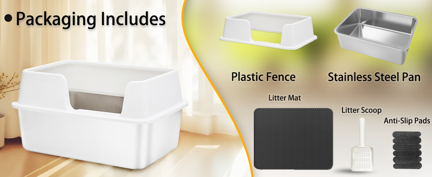 Litter box system with white enclosure, plastic fence, stainless steel pan, litter mat, litter scoop, and anti-slip pads. Packaging includes all components.