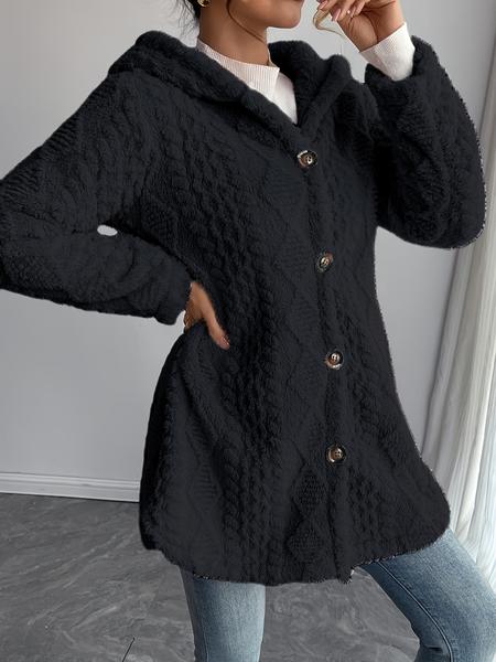 Women's Solid Color Fuzzy Hooded Jacket, Casual Long Sleeve Outerwear for Daily Wear, Ladies Clothes for All Seasons, Winter Womenswear