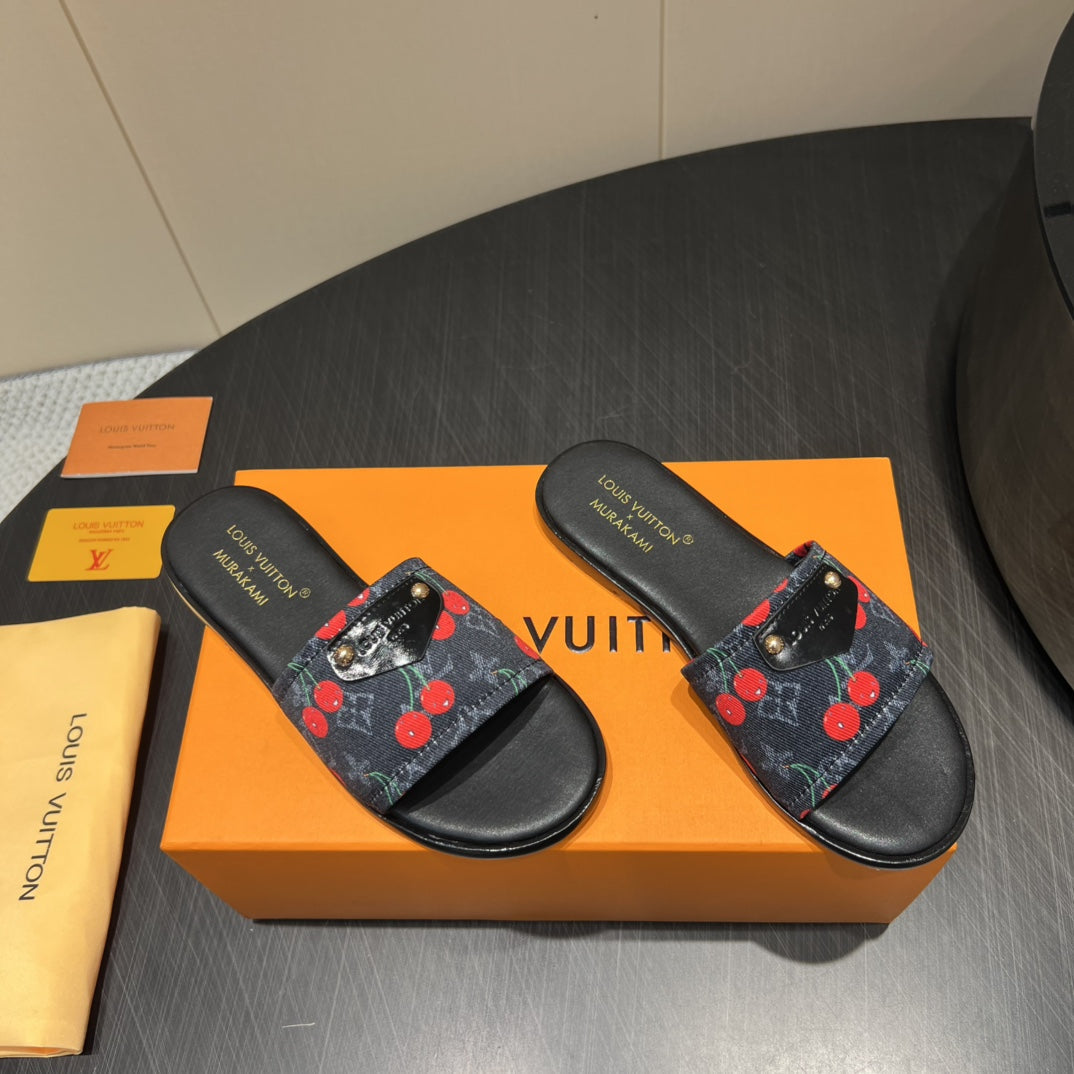 LV SLIDE SANDALS 25S IN BLACK DENIM AND CALFSKIN WITH LOGO PRINT、mysite、Cacoeks