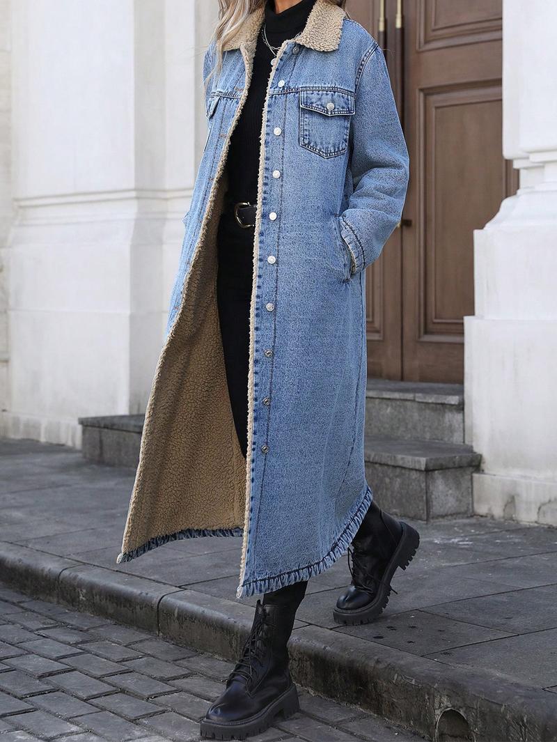 Women's Long Denim Jacket With Fleece Lining, Elegant Single-Breasted Design, Perfect For Winter