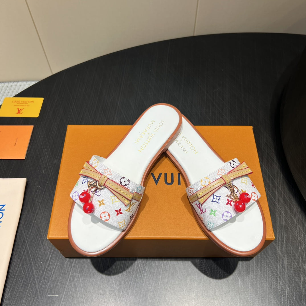 LV SLIDE SANDALS LOGO PRINT 25S IN WHITE CALFSKIN WITH CHERRY BLOSSOM BUCKLE、mysite、Cacoeks