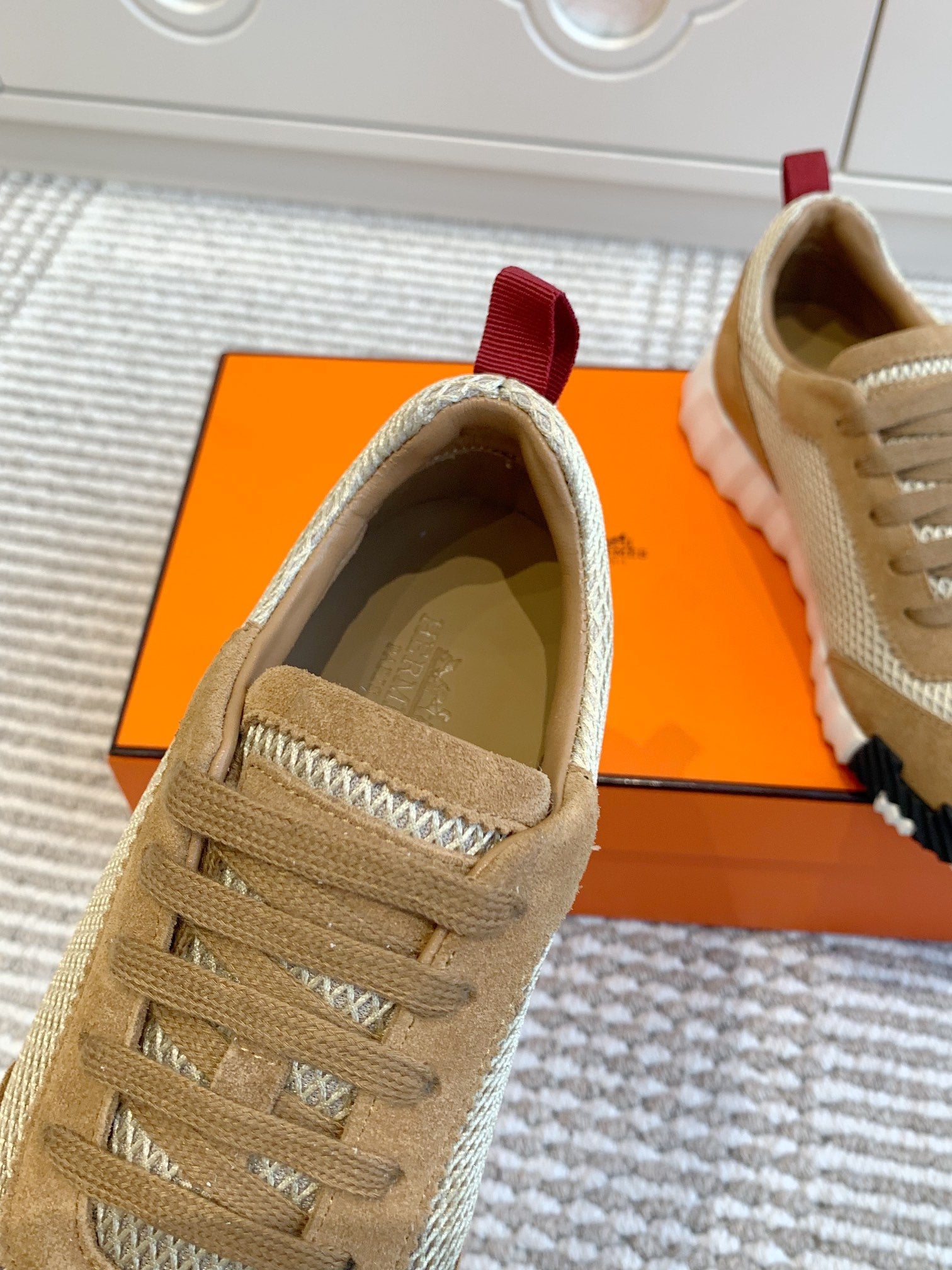 BOUNCING SNEAKER IN CIDER BROWN GRAPHIC MESH AND SUEDE、mysite、Cacoeks