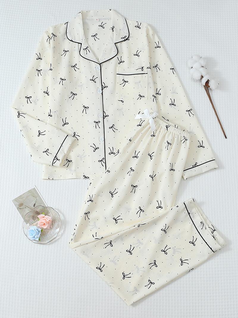Women's Striped Bow Print Long Sleeve Pajama Set, Sweet Cute Button Front Top and Pants, Casual Home Wear for All Seasons