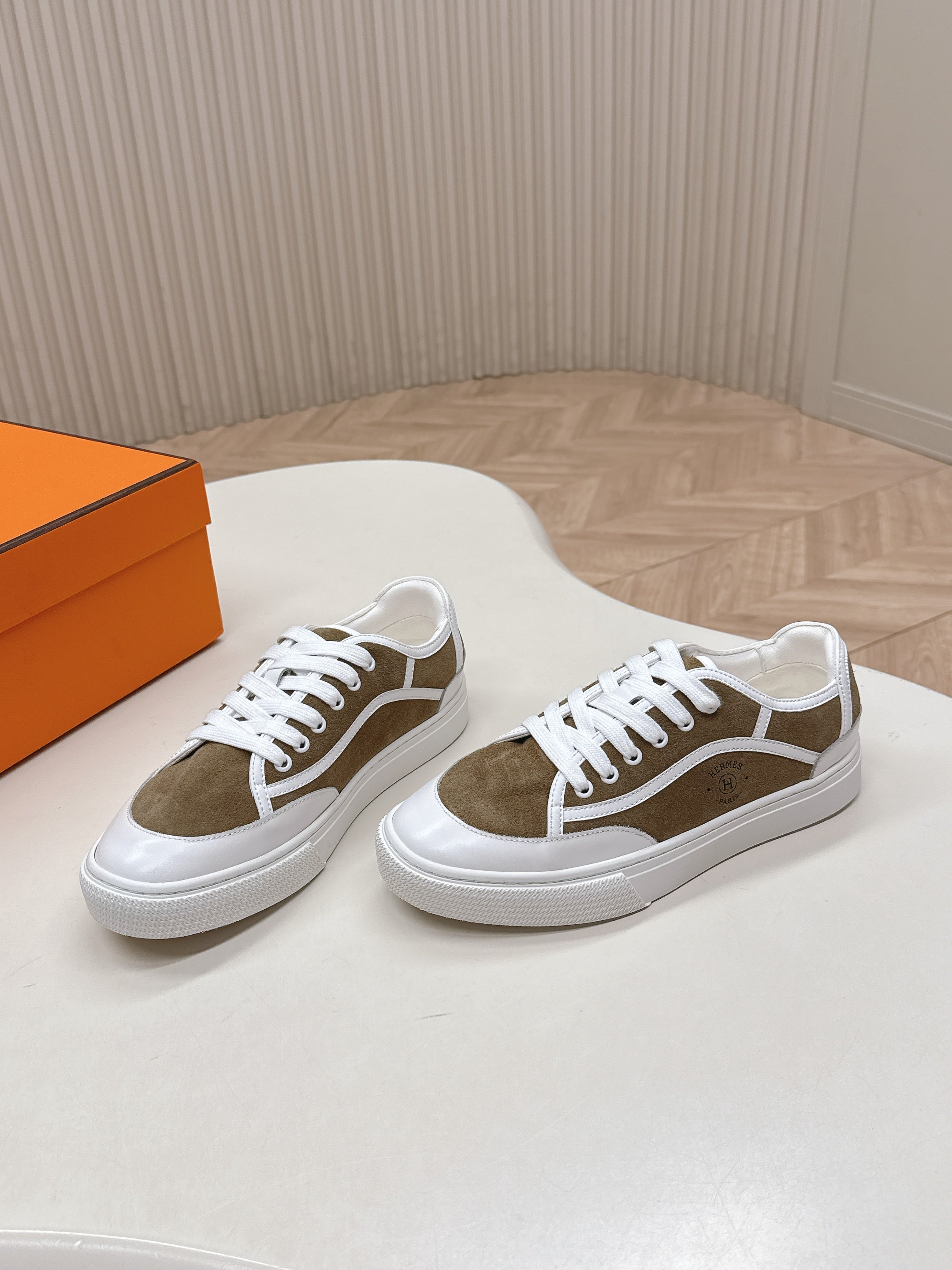 HM 25S SNEAKER LOW SPORTS IN BROWN SUEDE MIX WHITE LAMBSKIN、mysite、Cacoeks