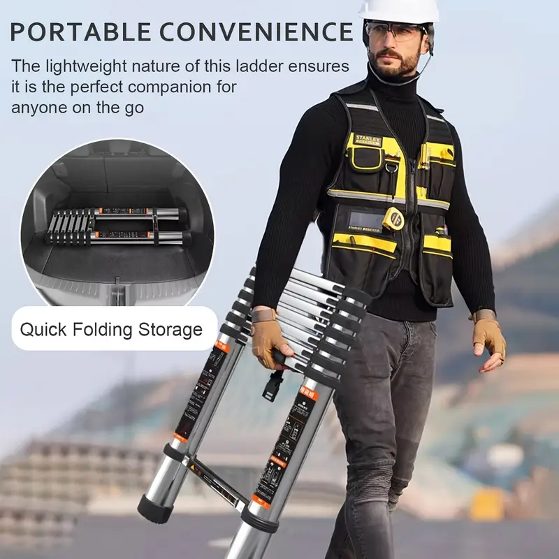 3 Meter Telescoping Ladder, Stainless Steel Collapsible Extension Ladder, 150KG Capacity with Non-Slip Feet, One-Button Retraction Portable Multi-Purpose Compact Ladder for Home, RV, Loft details 1