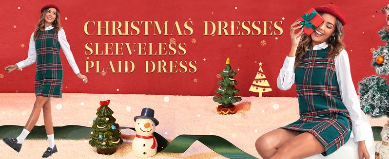 Imily Bela Women's Plaid Christmas Dress Mini Sleeveless Round Neck A Line Short Xmas Party Dresses