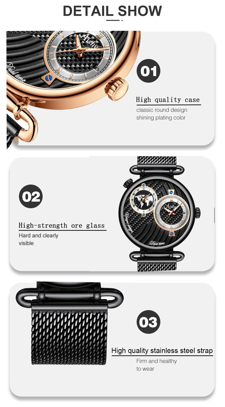 Custom Logo Men Quartz Watch Work Business  Aishy Watch Men Top Luxury Brand Stainless Steel Men WristWatch Dual time zone